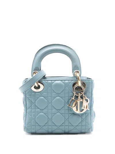 Pre-owned Dior 2017 Mini Lambskin Cannage Lady  Satchel In Blue