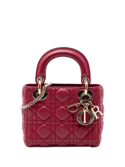 Pre-owned Dior 2017 Mini Lambskin Cannage Lady  Satchel In Red