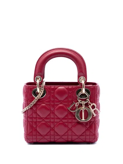 Pre-owned Dior 2017 Mini Lambskin Cannage Lady  Satchel In Red