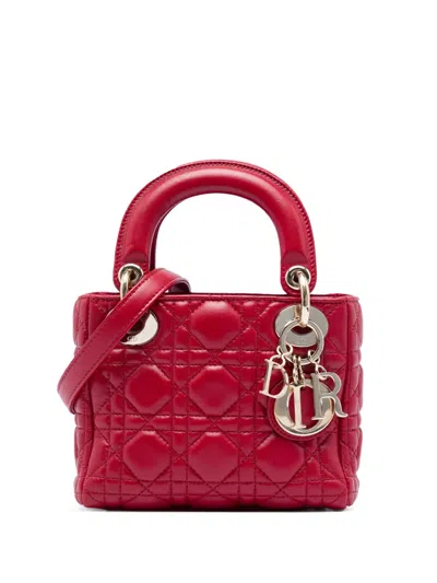 Pre-owned Dior 2017 Mini Lambskin Cannage Lady  Satchel In Red
