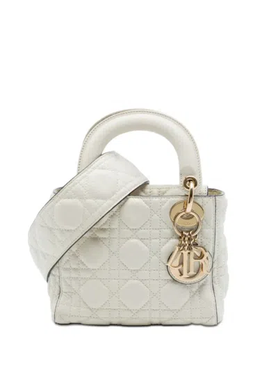 Pre-owned Dior 2017 Mini Lambskin Cannage Lady  Satchel In White