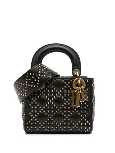 Pre-owned Dior 2017 Mini Lambskin Cannage Studded Supple Lady  Satchel In Black