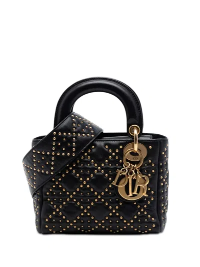 Pre-owned Dior 2017 Mini Lambskin Cannage Studded Supple Lady  Satchel In Black