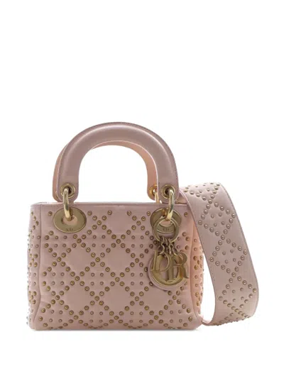 Pre-owned Dior 2017 Mini Lambskin Cannage Studded Supple Lady  Satchel In Pink