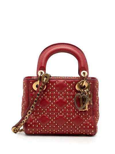 Pre-owned Dior 2017 Mini Lambskin Cannage Studded Supple Lady  Satchel In Red