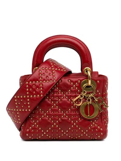 Pre-owned Dior 2017 Mini Lambskin Cannage Studded Supple Lady  Satchel In Red