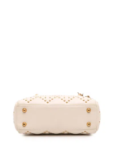 Pre-owned Dior 2017 Mini Lambskin Cannage Studded Supple Lady  Satchel In White