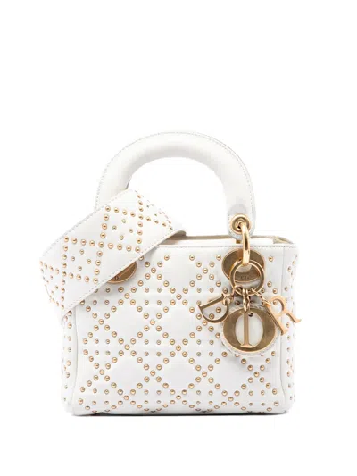 Pre-owned Dior 2017 Mini Lambskin Cannage Studded Supple Lady  Satchel In White