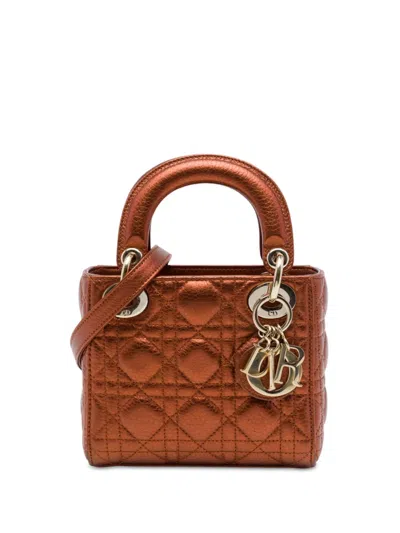 Pre-owned Dior 2017 Mini Metallic Calfskin Cannage Lady  Satchel In Brown