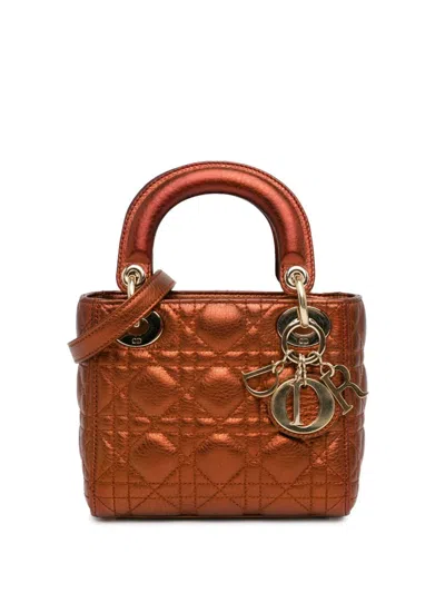 Pre-owned Dior 2017 Mini Metallic Calfskin Cannage Supple Lady  Satchel In Brown