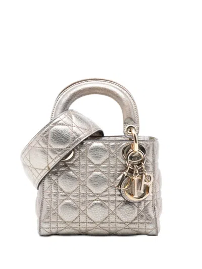 Pre-owned Dior 2017 Mini Metallic Calfskin Cannage Supple Lady  Satchel In Silver