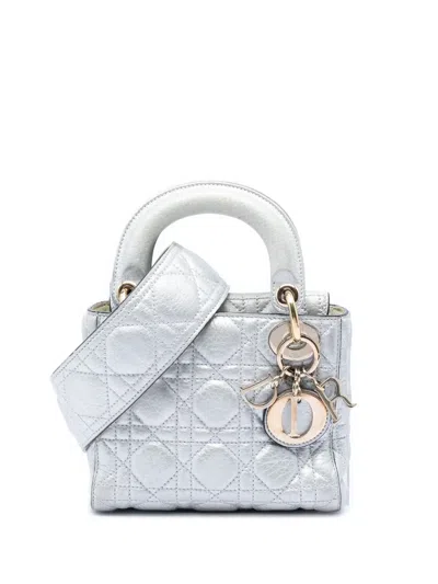 Pre-owned Dior 2017 Mini Metallic Calfskin Cannage Supple Lady  Satchel In Silver