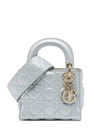 Pre-owned Dior 2017 Mini Metallic Calfskin Cannage Supple Lady  Satchel In Silver