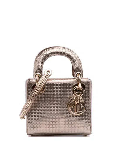 Pre-owned Dior 2017 Mini Metallic Patent Microcannage Lady  Satchel In Gold