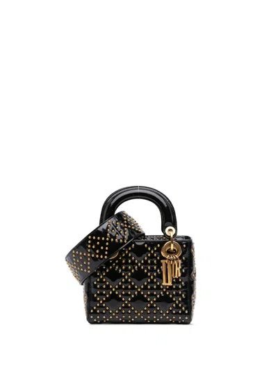 Pre-owned Dior 2017 Mini Patent Cannage Studded Supple Lady  Satchel In Black