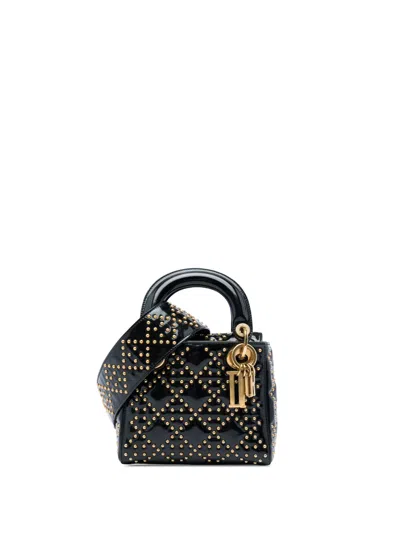 Pre-owned Dior 2017 Mini Patent Cannage Studded Supple Lady  Satchel In Black