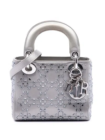 Pre-owned Dior 2017 Mini Satin Cannage Crystal Embellished Lady  Satchel In Gray