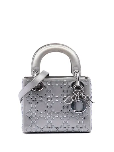 Pre-owned Dior 2017 Mini Satin Cannage Crystal Embellished Lady  Satchel In Grey
