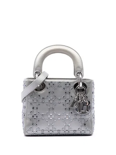Pre-owned Dior 2017 Mini Satin Cannage Crystal Embellished Lady  Satchel In Grey