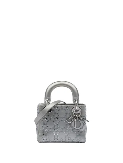 Pre-owned Dior 2017 Mini Satin Cannage Crystal Embellished Lady  Satchel In Grey
