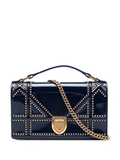 Pre-owned Dior 2017 Patent Studded Ama Top Handle Wallet On Chain Satchel In Blue
