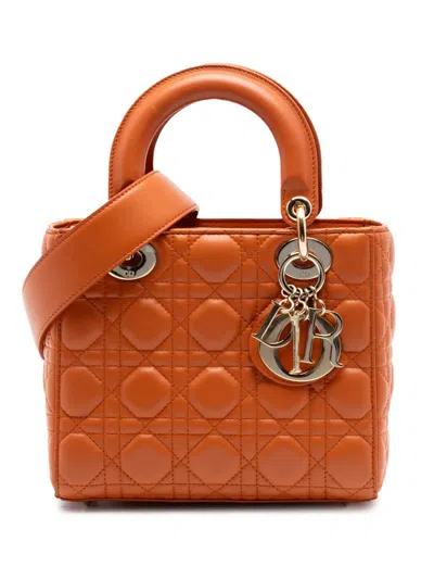 Pre-owned Dior 2017 Small Lambskin Cannage Myabc Lady  Satchel In Orange