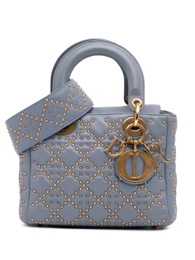 Pre-owned Dior 2017 Small Lambskin Cannage Studded Supple Lady  Satchel In Gray