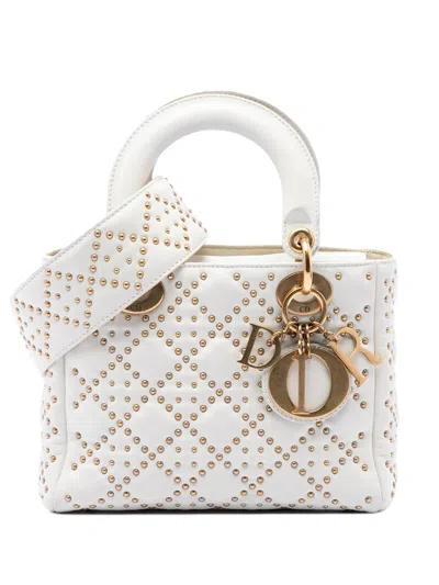 Pre-owned Dior 2017 Small Lambskin Cannage Studded Supple Lady  Satchel In White