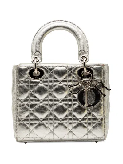 Pre-owned Dior 2017 Small Metallic Grained Calfskin Cannage My Abc Lady  Satchel In Silver