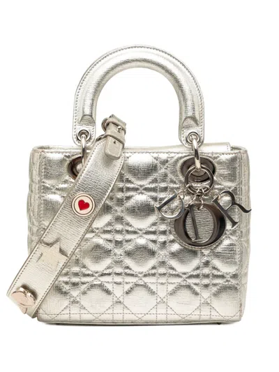 Pre-owned Dior 2017 Small Metallic Grained Calfskin Cannage My Abc Lady  Satchel In Silver