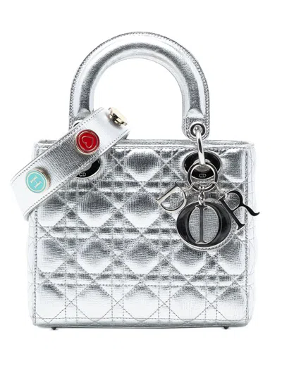Pre-owned Dior 2017 Small Metallic Grained Calfskin Cannage My Abc Lady  Satchel In Silver
