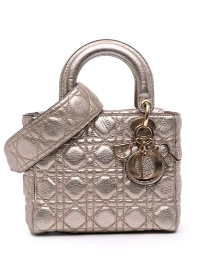 Pre-owned Dior 2017 Small Metallic Grained Calfskin Cannage Supple Lady  Satchel In Gold