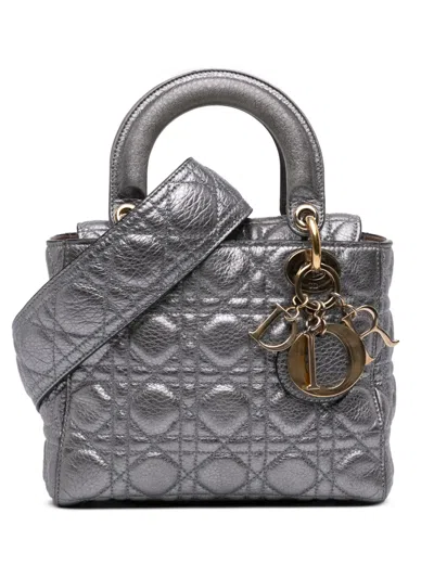 Pre-owned Dior 2017 Small Metallic Grained Calfskin Cannage Supple Lady  Satchel In Silver