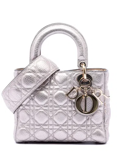 Pre-owned Dior 2017 Small Metallic Grained Calfskin Cannage Supple Lady  Satchel In Silver