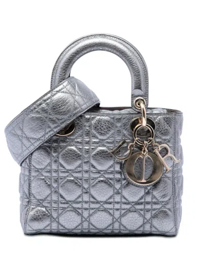 Pre-owned Dior 2017 Small Metallic Grained Calfskin Cannage Supple Lady  Satchel In Silver