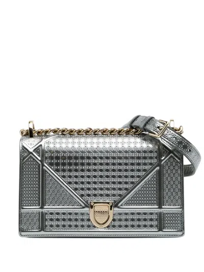 Pre-owned Dior 2017 Small Metallic Patent Microcannage Ama Flap Crossbody Bag In Silver