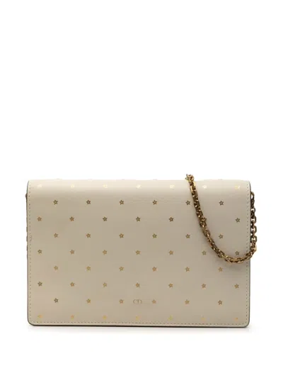 Pre-owned Dior 2017 Stars Printed Calfskin Wallet On Chain Crossbody Bag In Neutral
