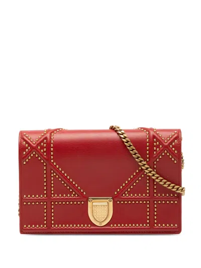 Pre-owned Dior 2017 Studded Lambskin Ama Wallet On Chain Crossbody Bag In Red