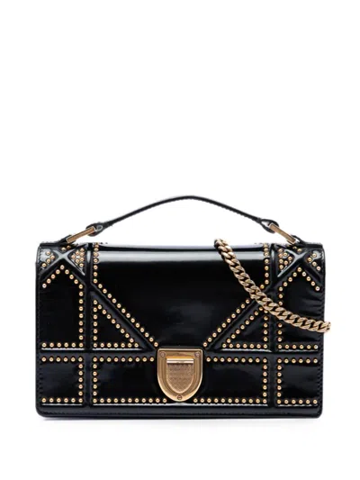 Pre-owned Dior 2017 Studded Patent Ama Top Handle Wallet On Chain Satchel In Black