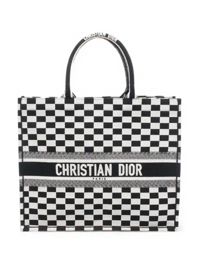 Pre-owned Dior 2018-2025 Large Embroidered Canvas Checkered Book Tote Bag In Black