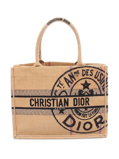 Pre-owned Dior 2018-2025 Medium Jute Embroidered Book Tote Bag In Brown