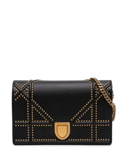 Pre-owned Dior 2018 Calfskin Studded Ama Wallet On Chain Crossbody Bag In Black