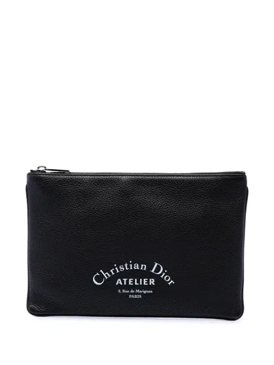 Pre-owned Dior 2018 Grained Calfskin Atelier Clutch Bag In Black