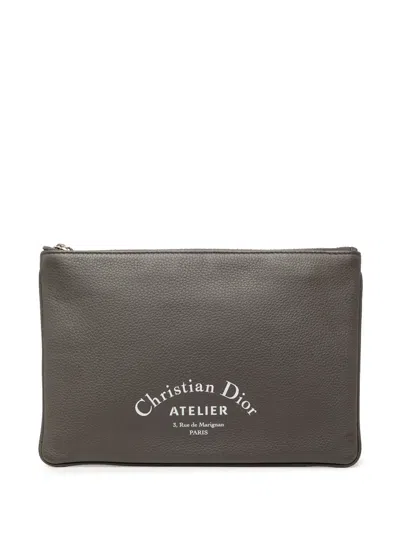 Pre-owned Dior 2018 Grained Calfskin Atelier Clutch Bag In Gray