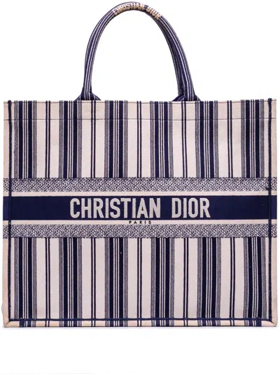 Pre-owned Dior 2018 Large Canvas Striped Book Tote Bag In Blue