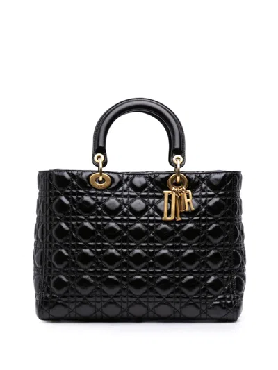 Pre-owned Dior 2018 Large Crinkled Patent Cannage Lady  Satchel In Black