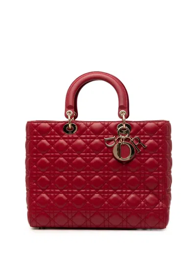 Pre-owned Dior 2018 Large Lambskin Cannage Lady  Satchel In Red