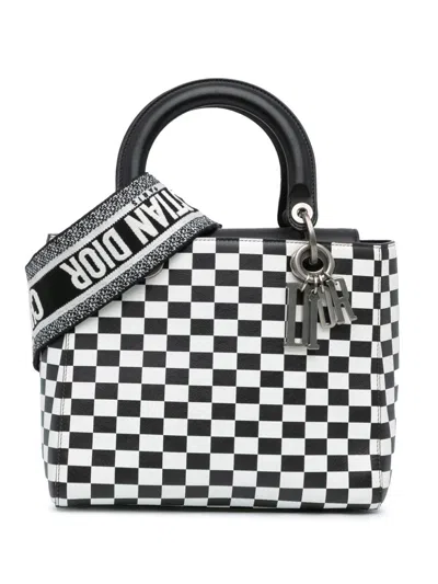 Pre-owned Dior 2018 Medium Calfskin Checkered Lady  Satchel In Black