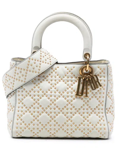 Pre-owned Dior 2018 Medium Lambskin Cannage Studded Supple Lady  Satchel In White