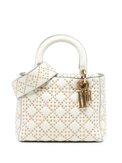 Pre-owned Dior 2018 Medium Lambskin Cannage Studded Supple Lady  Satchel In White